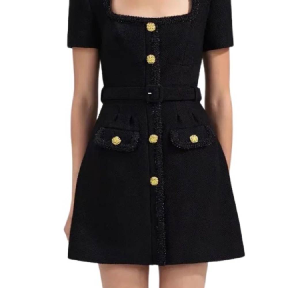 Self-Portrait Black Mini Dress with Gold Button Detail